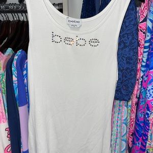 Bebe white ribbed rhinestones and lace back tank